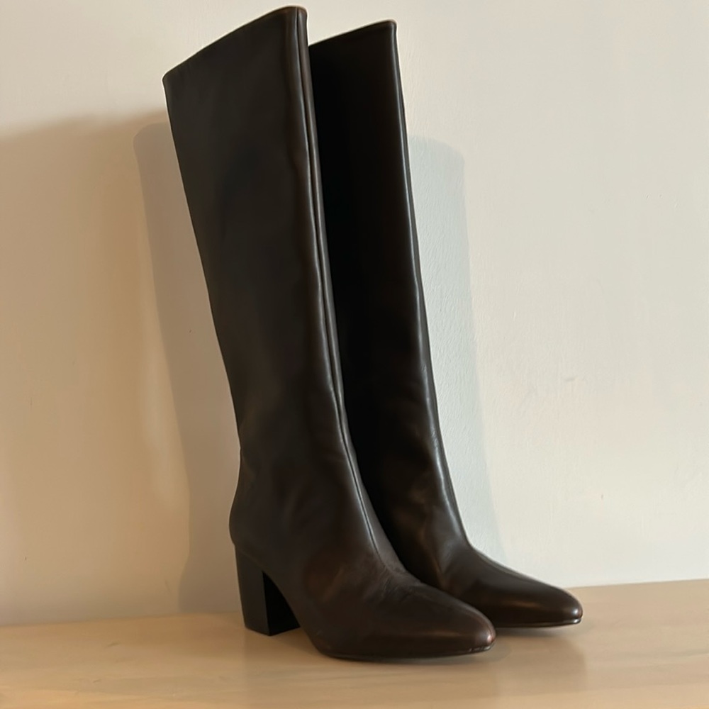Zara tall leather stack heel boots NWOT